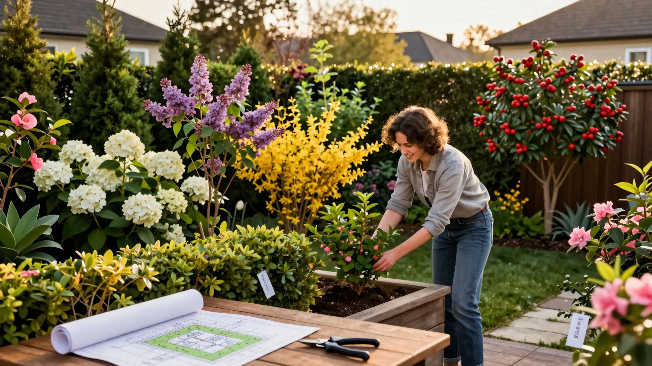 Frau pflanzt Blumen in einem Garten mit blühenden farbigen Sträuchern und Pflanzen am Nachmittag.