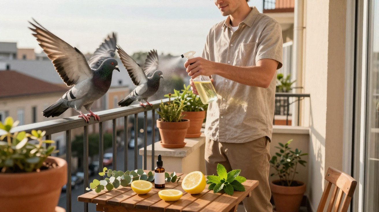 Mann sprüht Wasser auf Tauben auf einem Balkon mit Pflanzen und Zitronen auf dem Tisch.