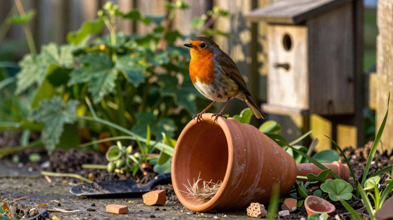 Rotkehlchen sitzt auf einem umgekippten Blumentopf im Garten mit Vogelnistkasten im Hintergrund.