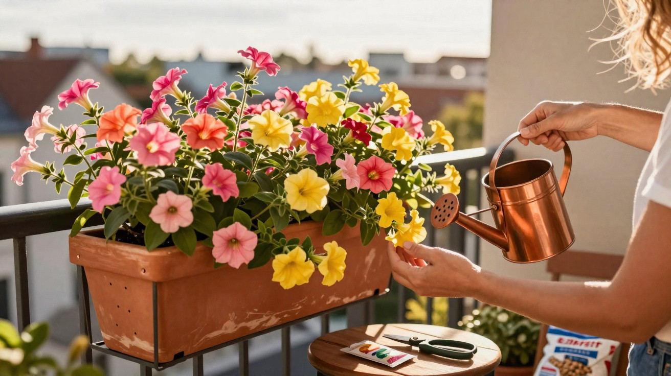 Frau gießt bunte Blumen in Blumenkasten auf Balkon mit Gießkanne bei Sonnenlicht.