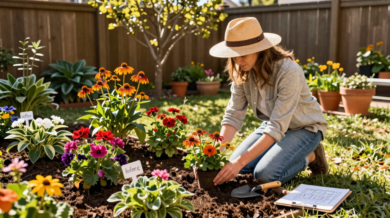 Frau mit Strohhut pflanzt bunte Blumen in einem sonnigen Gartenbeet neben einem Gartenplan.
