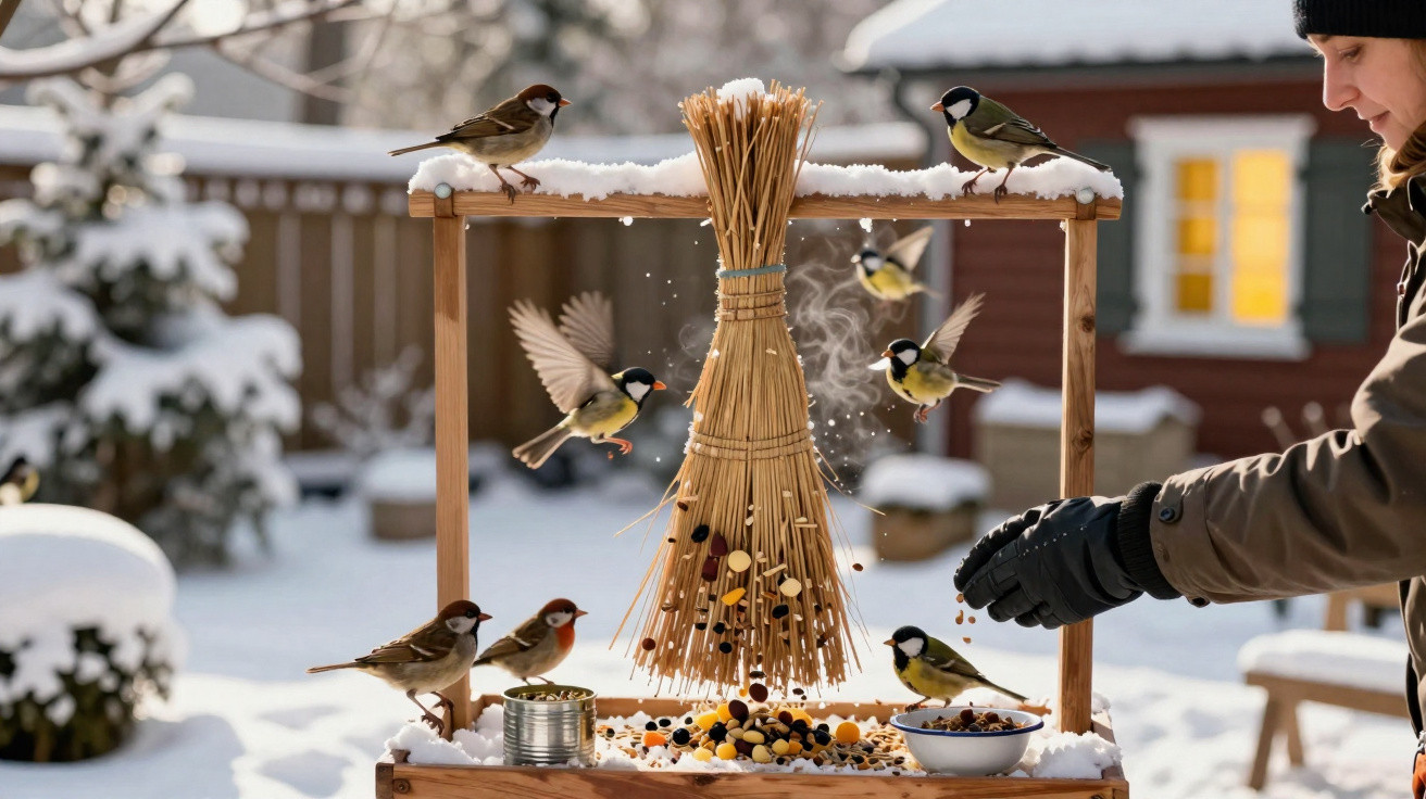 Vogelhaus im Schnee mit mehreren fressenden Vögeln und einer Person, die sie füttert.