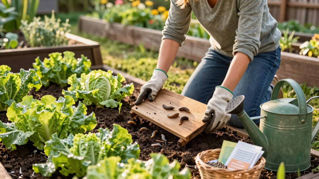 Person mit Handschuhen kippt Nacktschnecken von Holzbrett in Gemüsebeet im Garten.