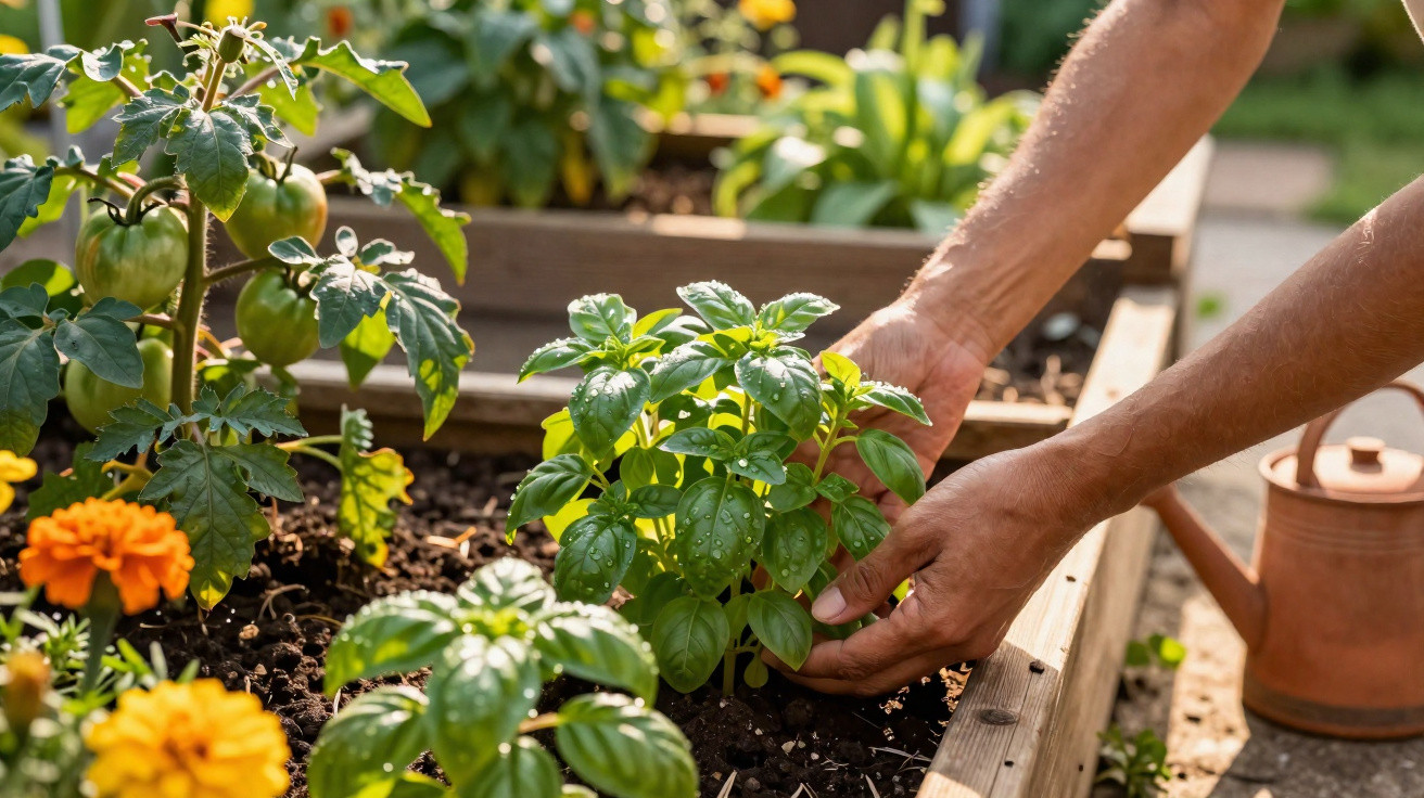 Hände pflegen Basilikum und Tomatenpflanzen in einem Hochbeet im sonnigen Garten mit Gießkanne.