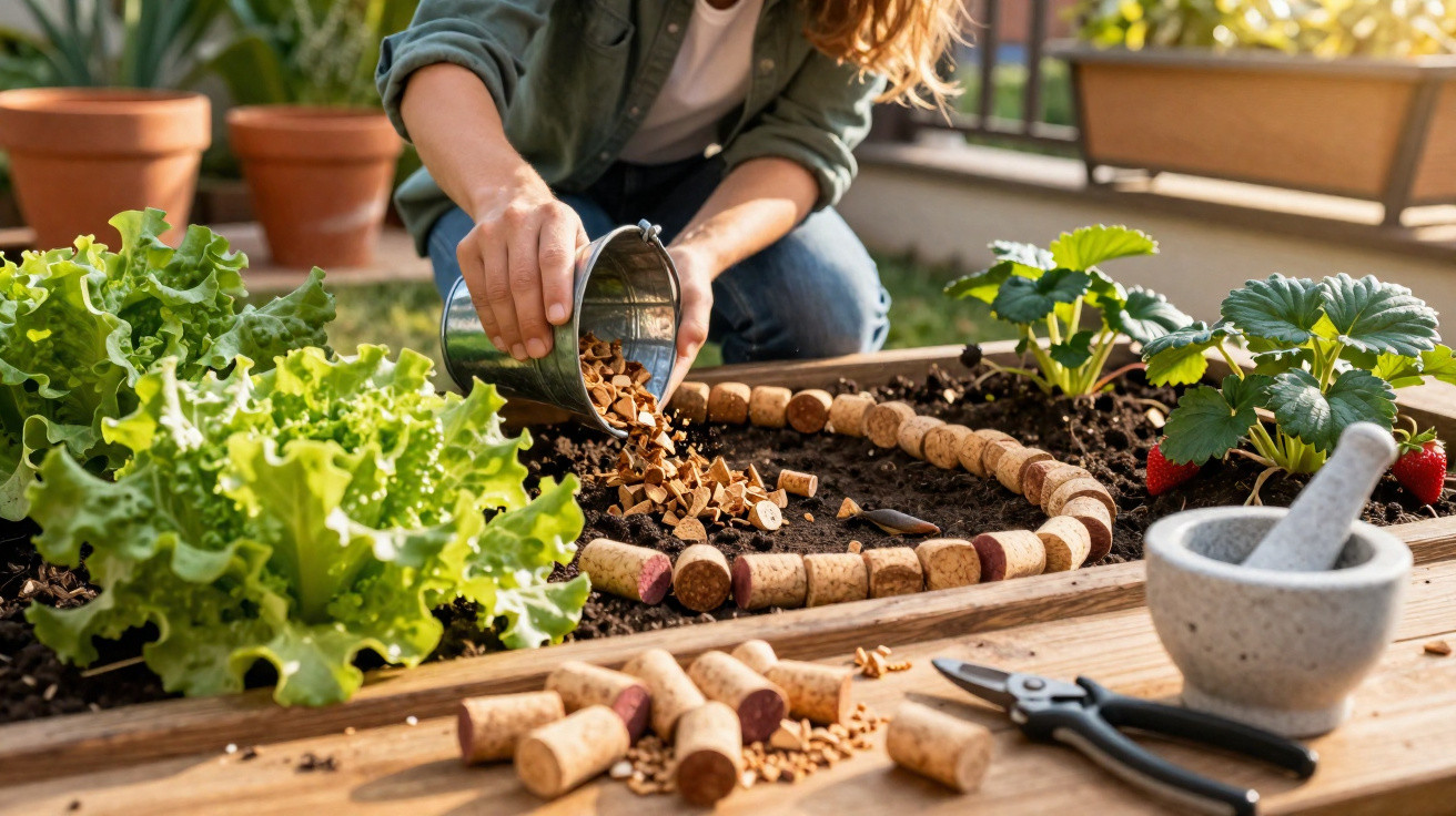 Person gießt Mulch aus einem Eimer auf einen Beet mit Korkverschlüssen, Salat und Erdbeerpflanzen.