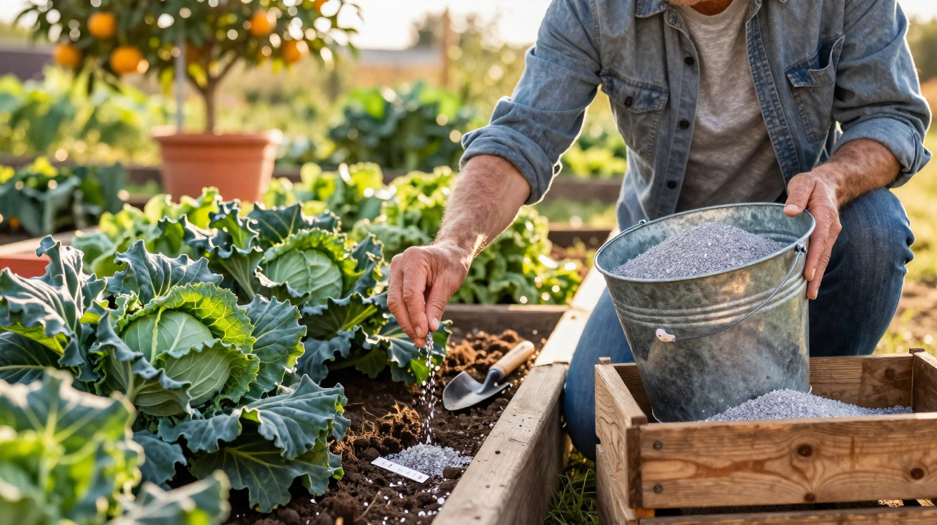 Mann düngt Gemüsegarten mit Granulat neben reifen Kohlpflanzen im Hochbeet bei Sonnenschein.