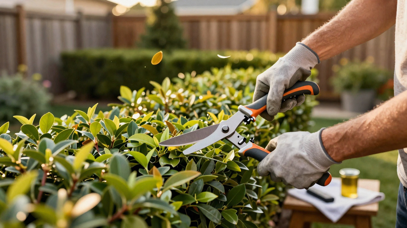 Gärtner mit Handschuhen schneidet frische grüne Hecke mit Gartenschere im sonnigen Garten.