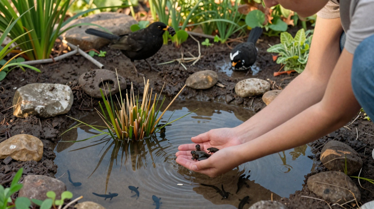Kind hält kleine Frösche über einen mit Fischen besetzten Gartenteich mit umgebenen Steinen und Vögeln.
