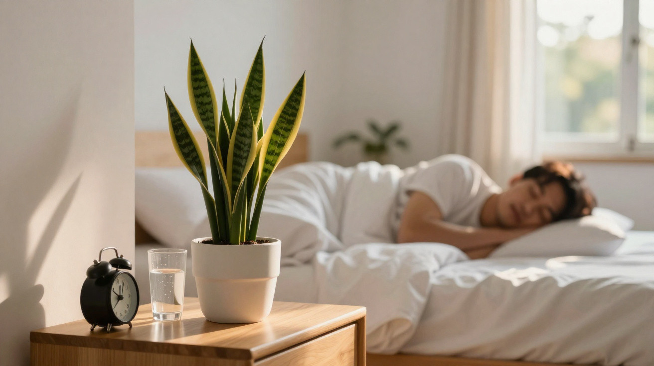 Nachttisch mit Pflanze, Wecker und Glas Wasser, im Hintergrund schlafende Person im Bett.