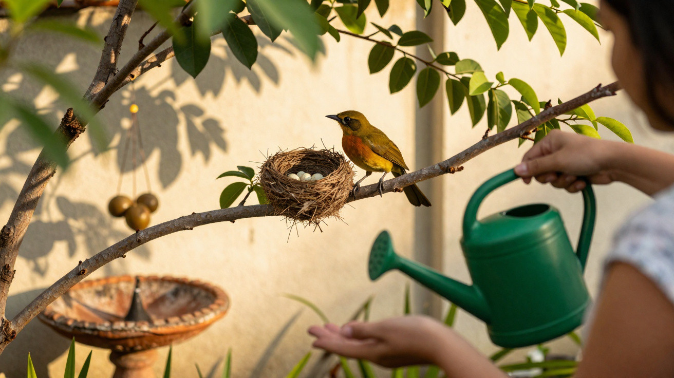 Vogel sitzt auf Ast neben Nest mit Eiern, während Person mit grüner Gießkanne Wasser gibt.