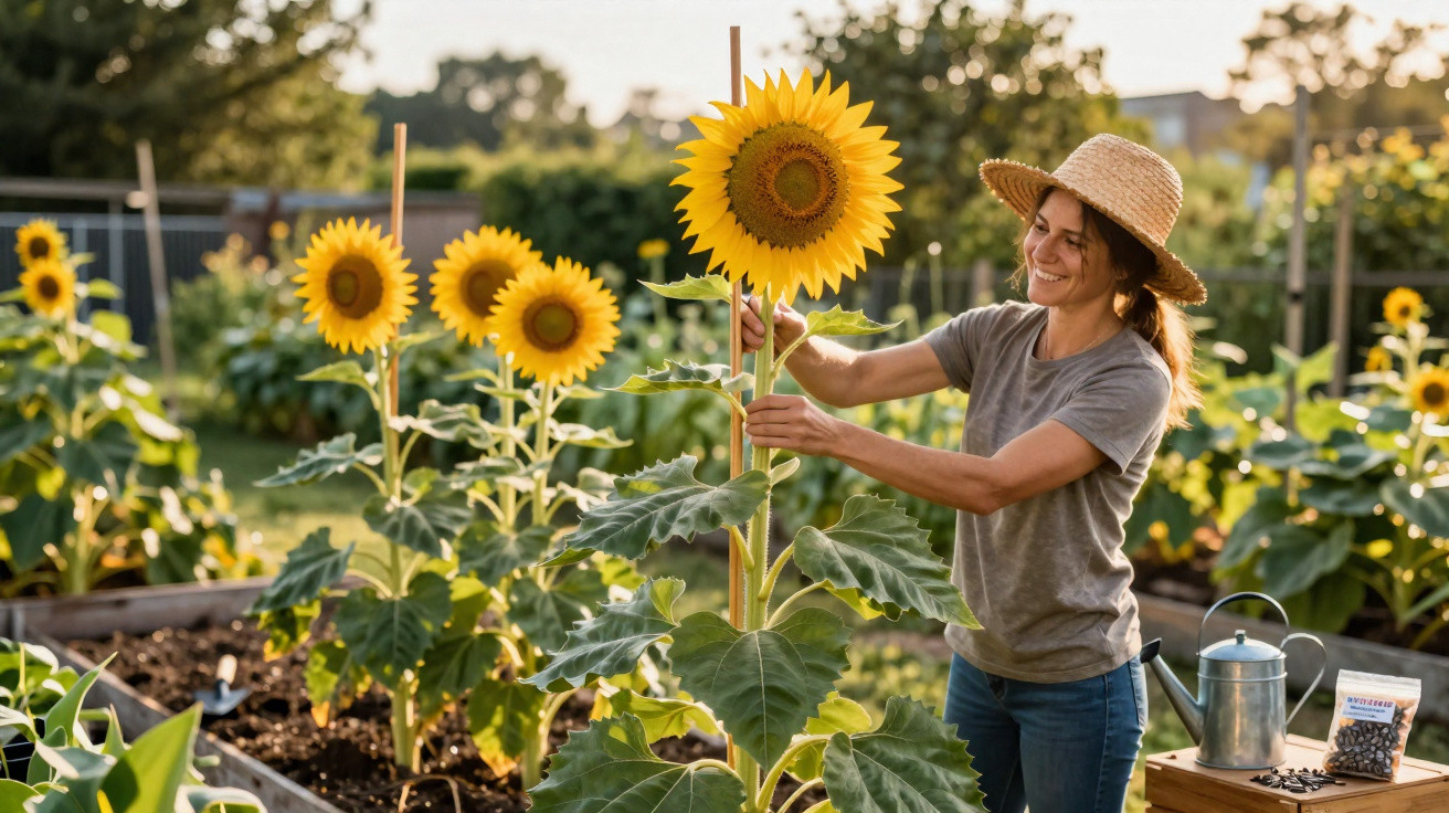 Frau mit Strohhut pflegt große Sonnenblumen in Gartenbeet bei Sonnenuntergang.