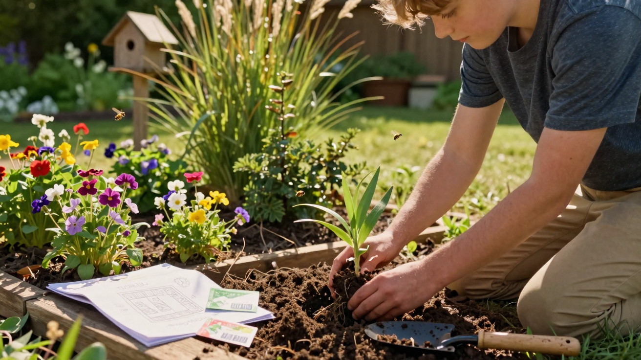 Kind pflanzt jungen Setzling in einem bunten Blumenbeet im Garten, umgeben von Blüten und Gartengeräten.