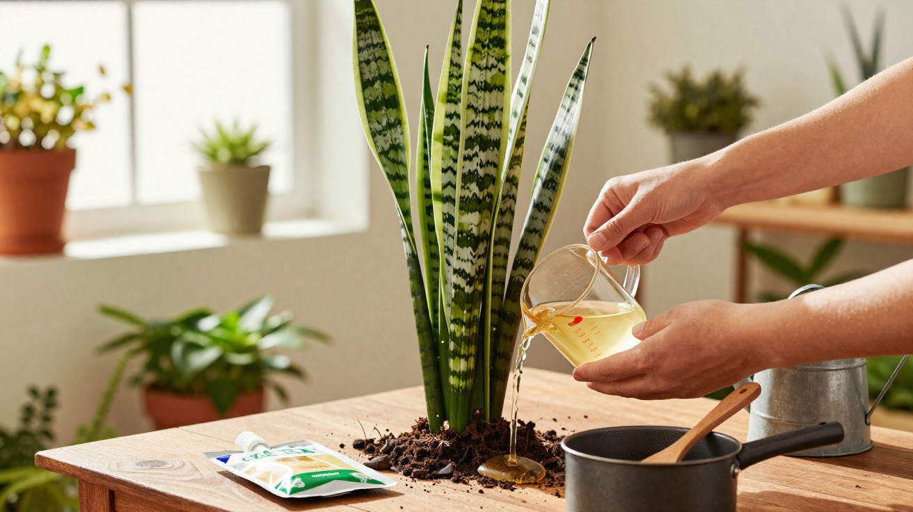 Person gießt Flüssigdünger auf den Boden um eine Sansevieria-Pflanze auf einem Holztisch.