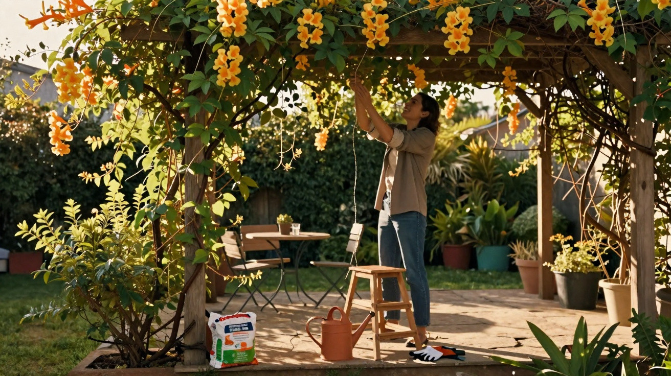 Frau pflegt orangerote Blumen an einer Pergola im sonnigen Garten mit Gartengeräten und Pflanzen.