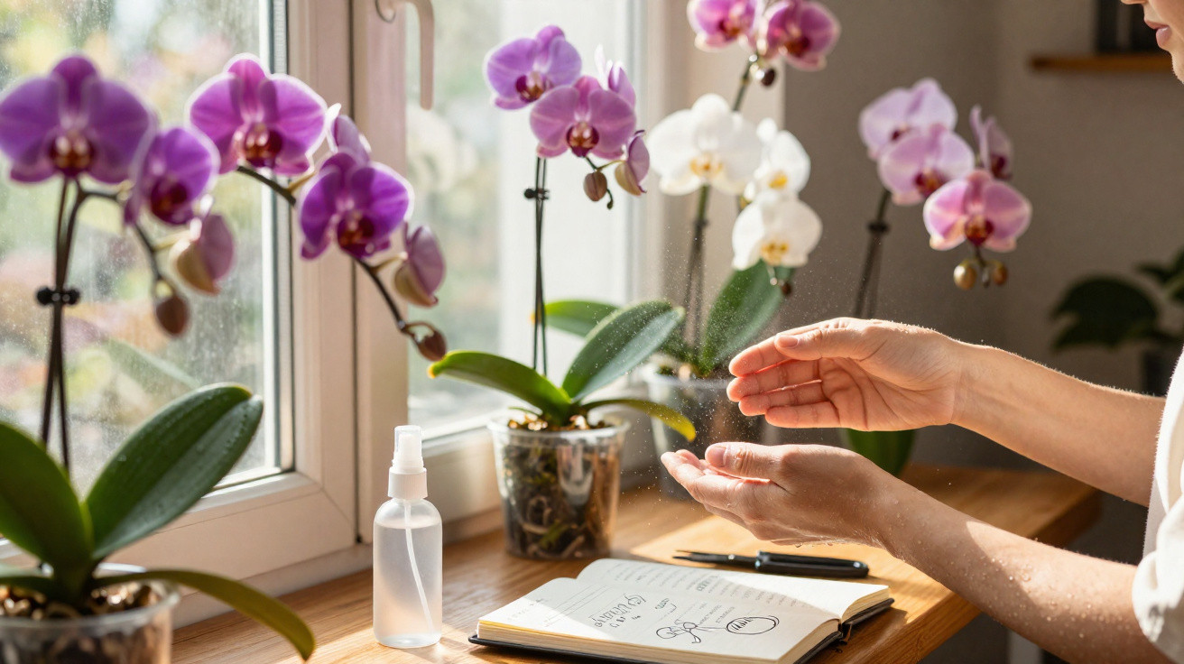 Person besprüht Hände mit Desinfektionsmittel neben blühenden Orchideen am Fensterbrett