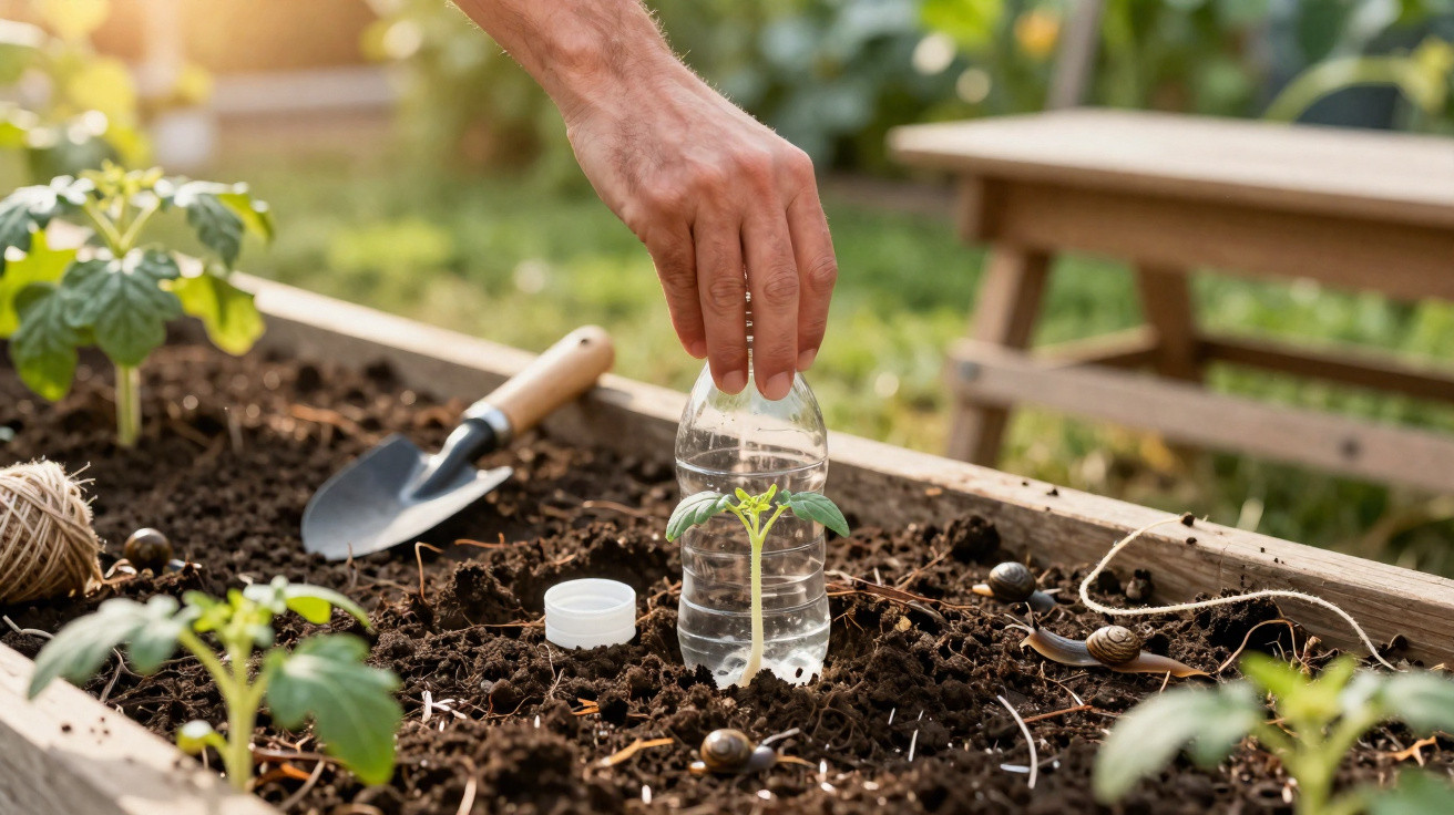 Hand schützt kleine Pflanze im Garten vor Kälte durch eine durchsichtige Plastikflasche in Hochbeet.