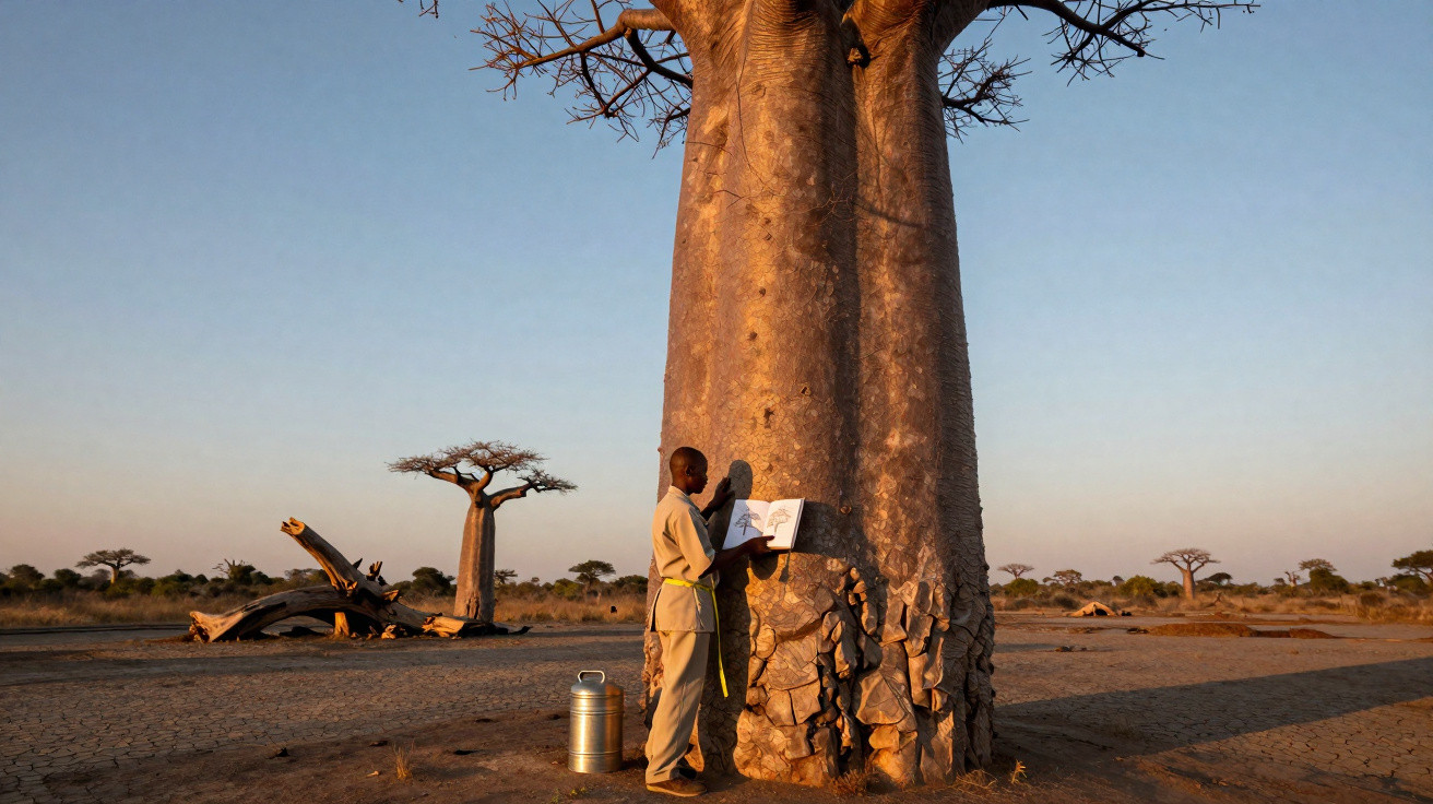 Ein Mann liest ein Buch am Fuß eines riesigen Baobab-Baums in einer trockenen Savannenlandschaft bei Sonnenuntergang.