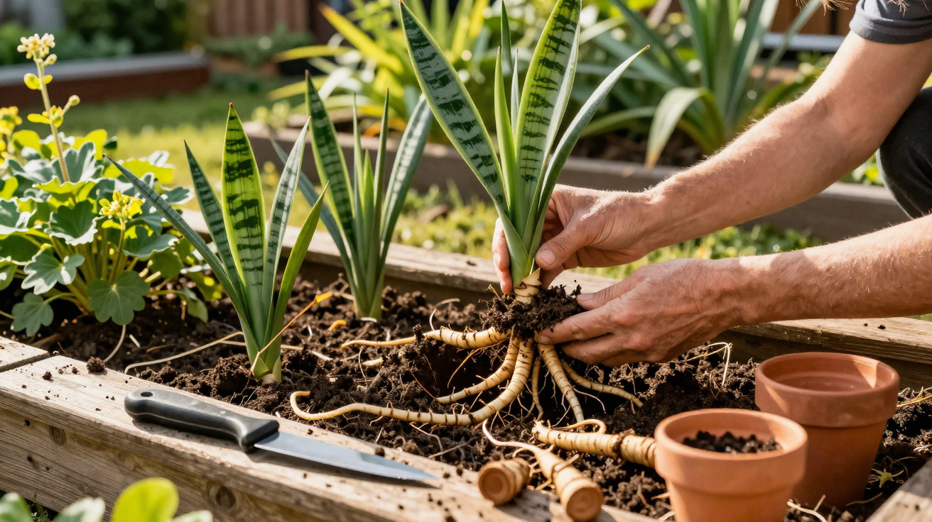 Hände pflanzen Sansevieria mit Wurzeln in ein Hochbeet im Garten neben Blumentöpfen und Messer.