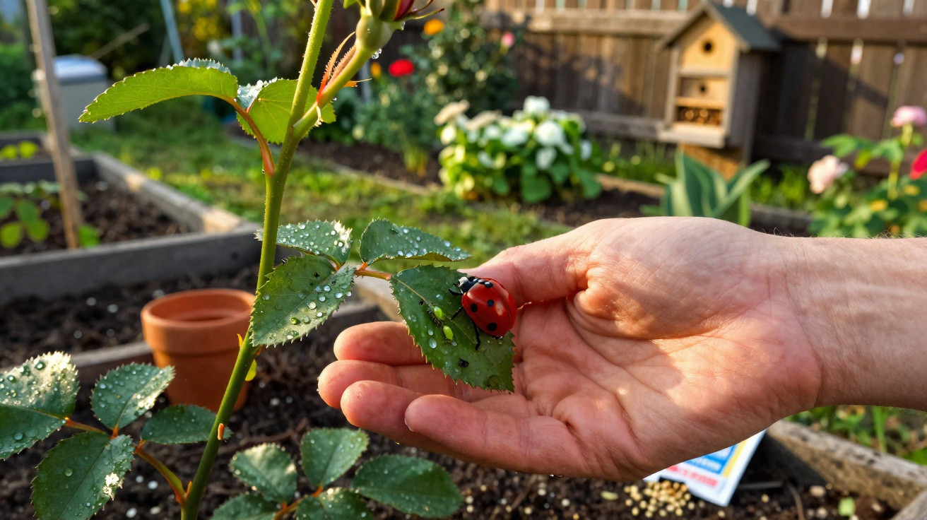 Hand hält ein Rosenblatt mit einem Marienkäfer im Garten bei Morgentau.