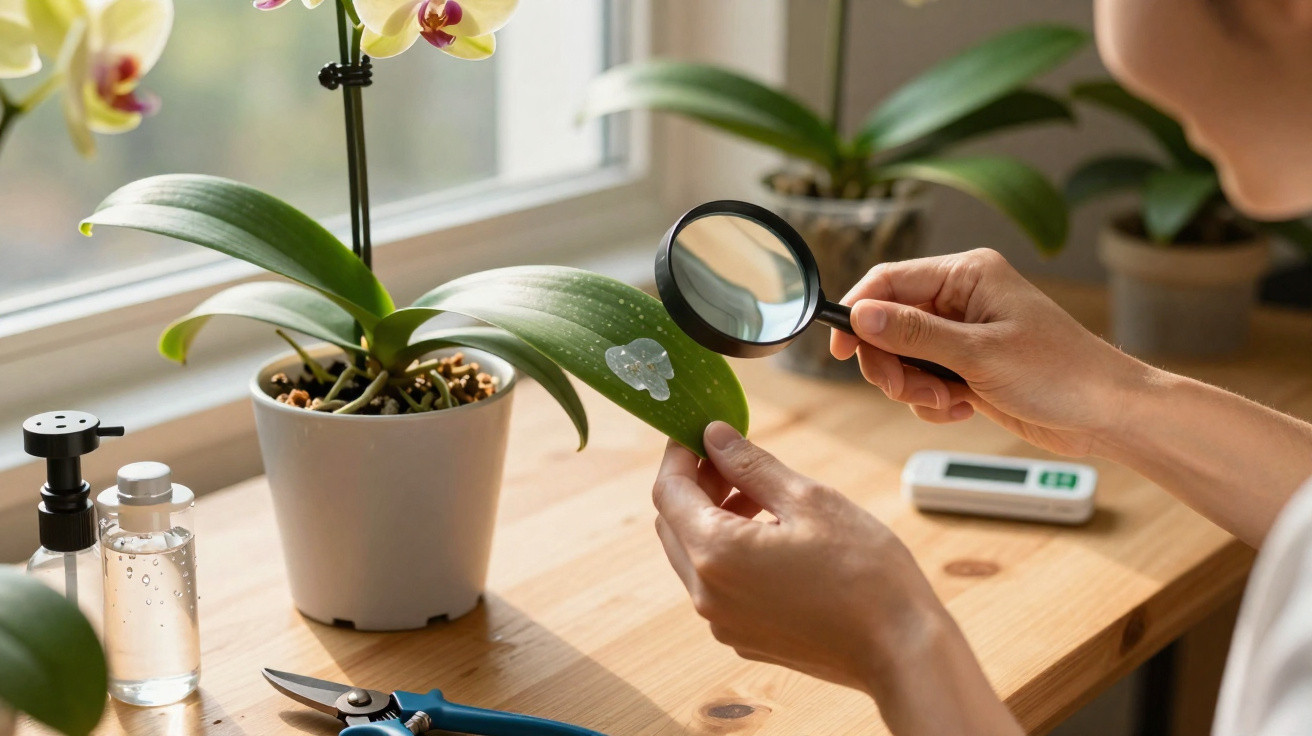 Person untersucht mit Lupe Orchideenblatt auf Schädlinge oder Krankheit am Fensterbrett.