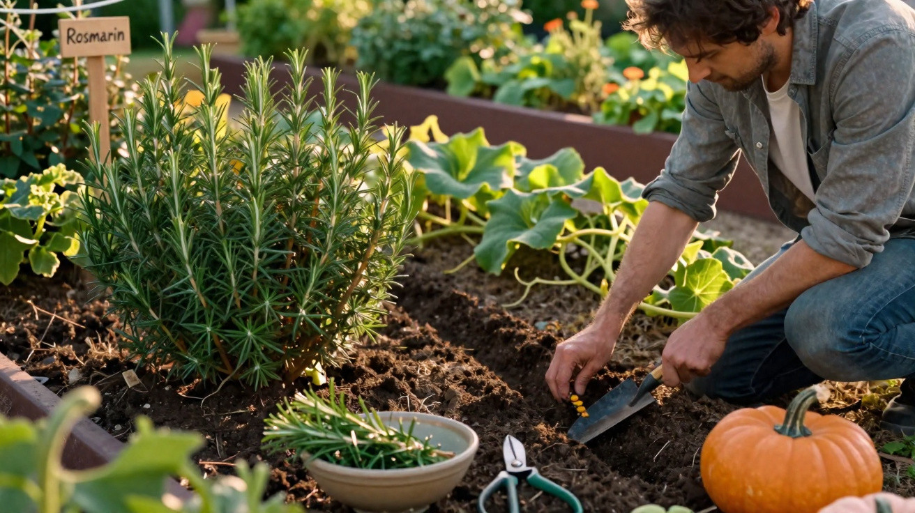 Mann pflanzt Kräutersamen neben Rosmarin in einem Gemüsebeet im Garten bei Sonnenlicht.