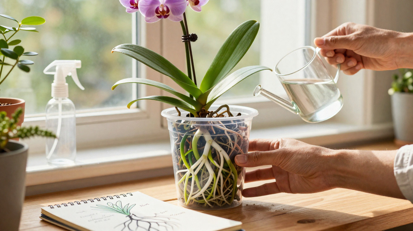 Person gießt Orchidee in transparentem Topf auf hell beleuchtetem Fensterbrett mit Pflanzen und Skizzenbuch.