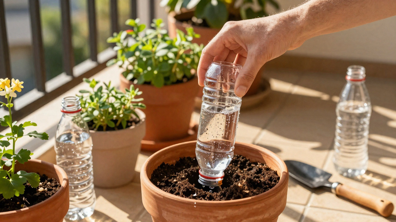 Hand gießt Wasser aus einer Plastikflasche in einen Blumentopf auf einem sonnigen Balkon.