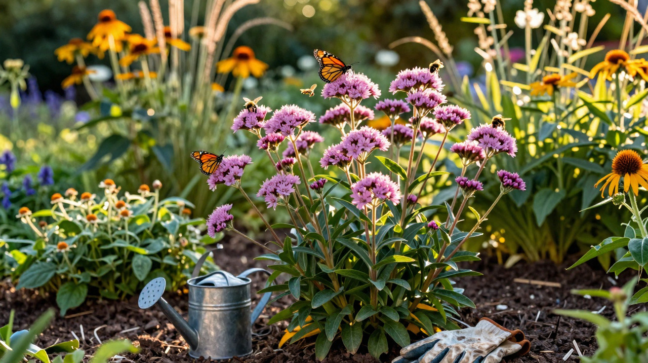 Bunter Garten mit blühenden Blumen, Schmetterlingen, Bienen, Gießkanne und Gartenschutzhandschuhen im Sonnenlicht.