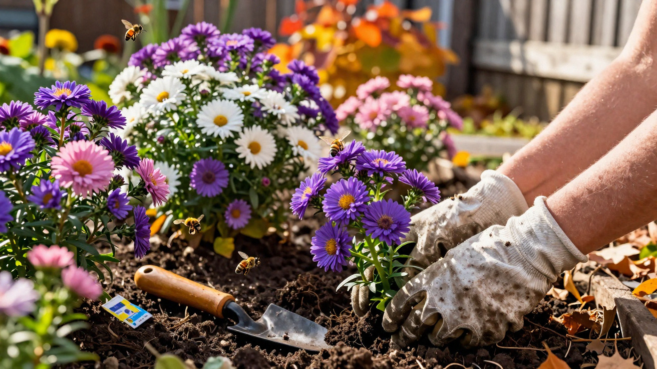 Hände mit Gartenhandschuhen pflanzen violette und weiße Blumen in Blumenerde, Bienen fliegen herum.