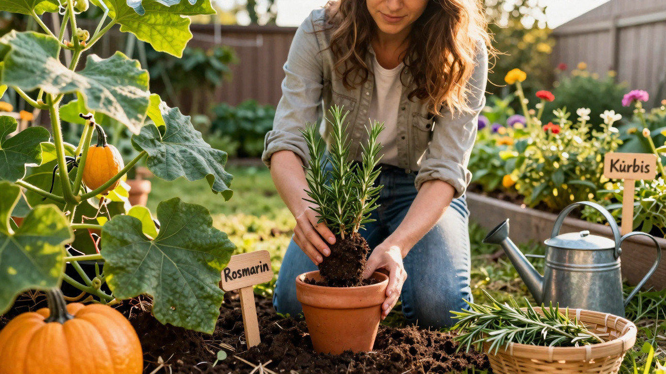 Frau pflanzt Rosmarin in Terrakottatopf im Garten neben Kürbis und Gießkanne bei Sonnenlicht.