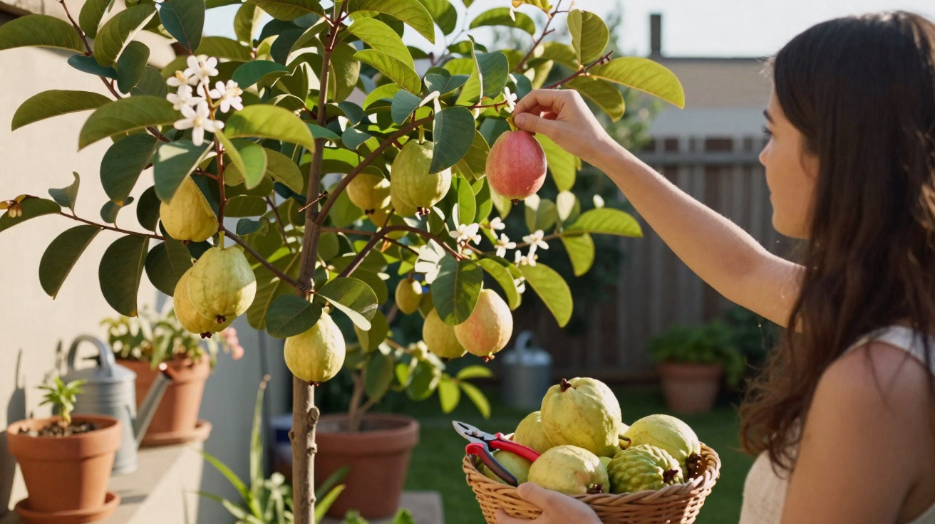 Frau erntet frische Guaven von einem Baum in einem sonnigen Garten mit Topfpflanzen im Hintergrund.