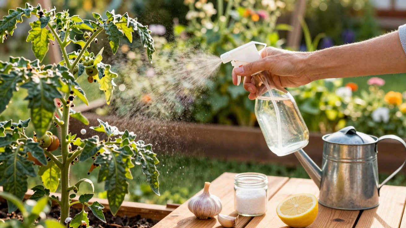 Hand besprüht Tomatenpflanze im Garten, auf Tisch Knoblauch, Salz, Zitrone und Gießkanne.