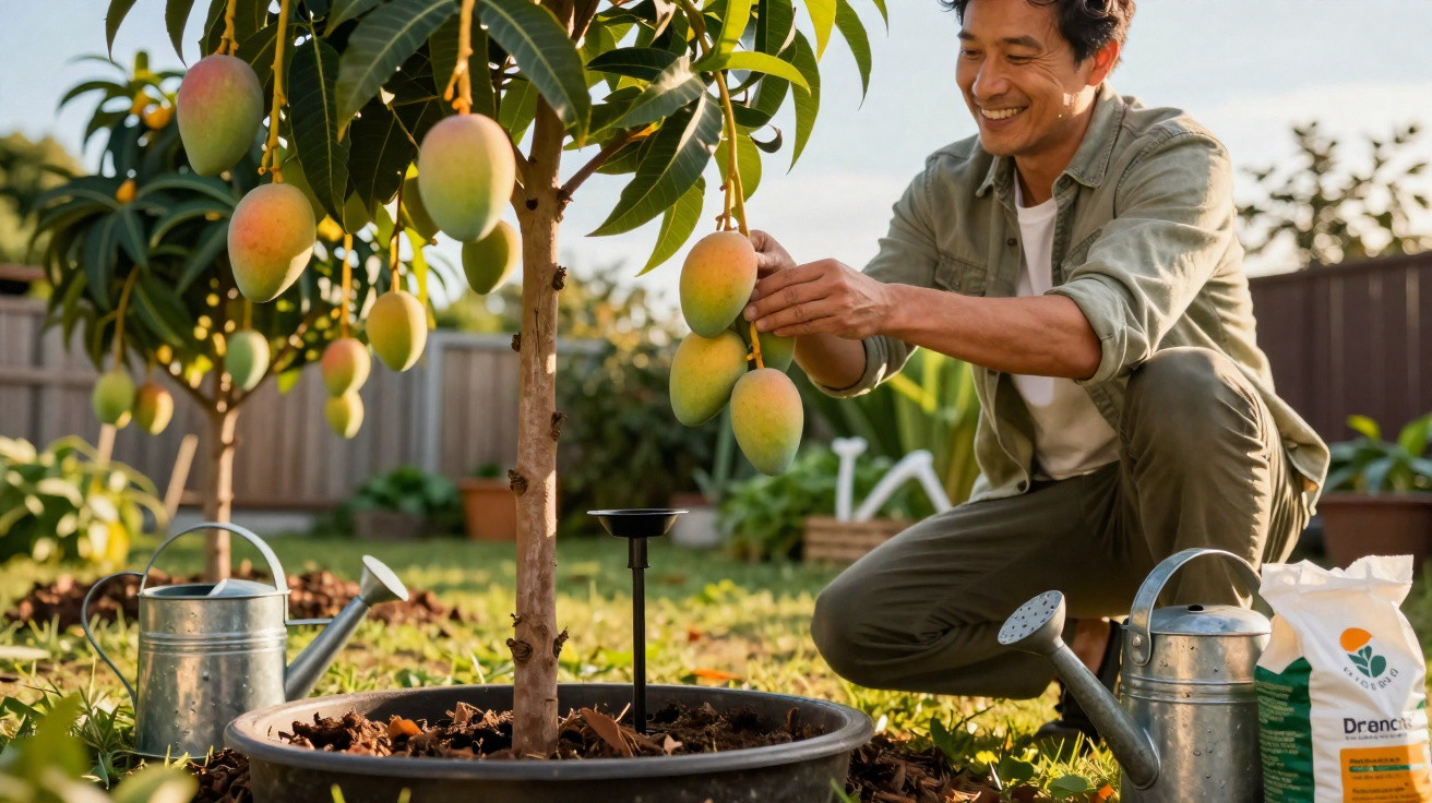 Mann erntet reife Mangos an einem Baum im Garten mit Gießkannen und Düngersack daneben.