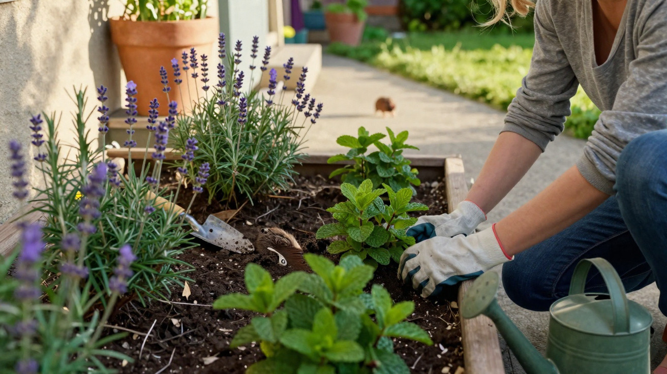 Person mit Handschuhen pflanzt Kräuter in Hochbeet neben Lavendel im Garten bei Sonnenschein.