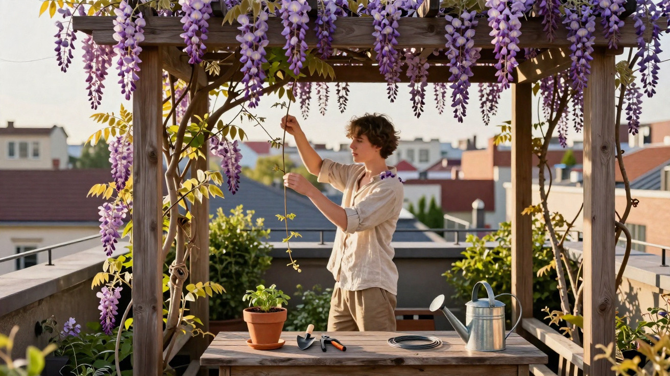 Junge Person pflegt Pflanzen unter einer Pergola mit hängenden lila Blüten auf einem Stadtbalkon.