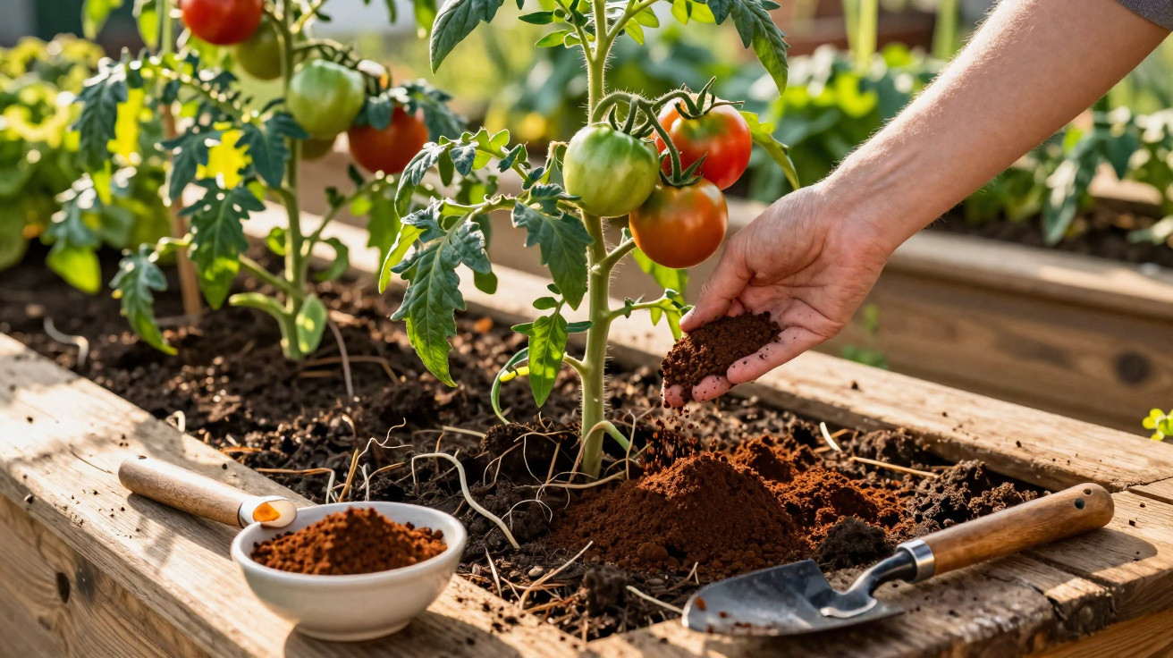Hand gibt Erde an Tomatenpflanze in Hochbeet, Gartenschaufel und Schale mit Erde nebenan.