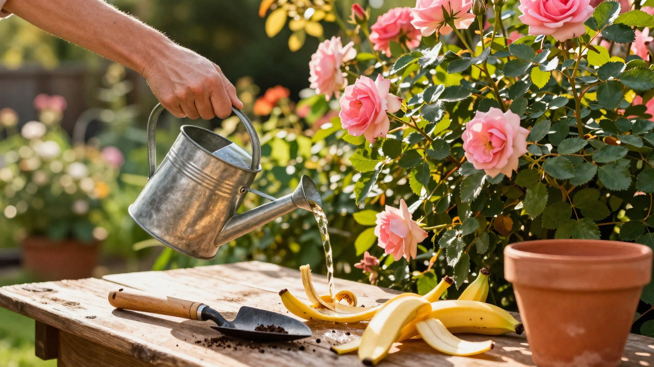 Hand gießt aus Metallgießkanne Pflanzen auf einem Holztisch mit Rosen, Banane und Gartenschaufel.