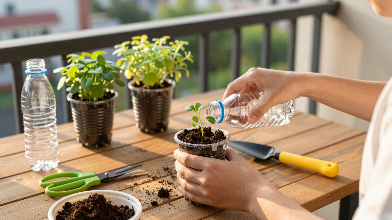 Person gießt kleine Pflanze in transparentem Topf mit Wasser auf Holztisch mit Gartengeräten.