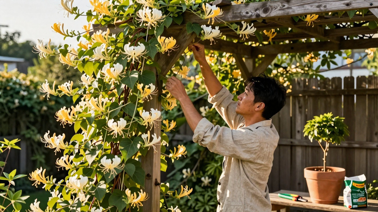 Mann pflegt gelb-weiße Geißblattblüten an einer Holzpergola im Garten bei Sonnenlicht.