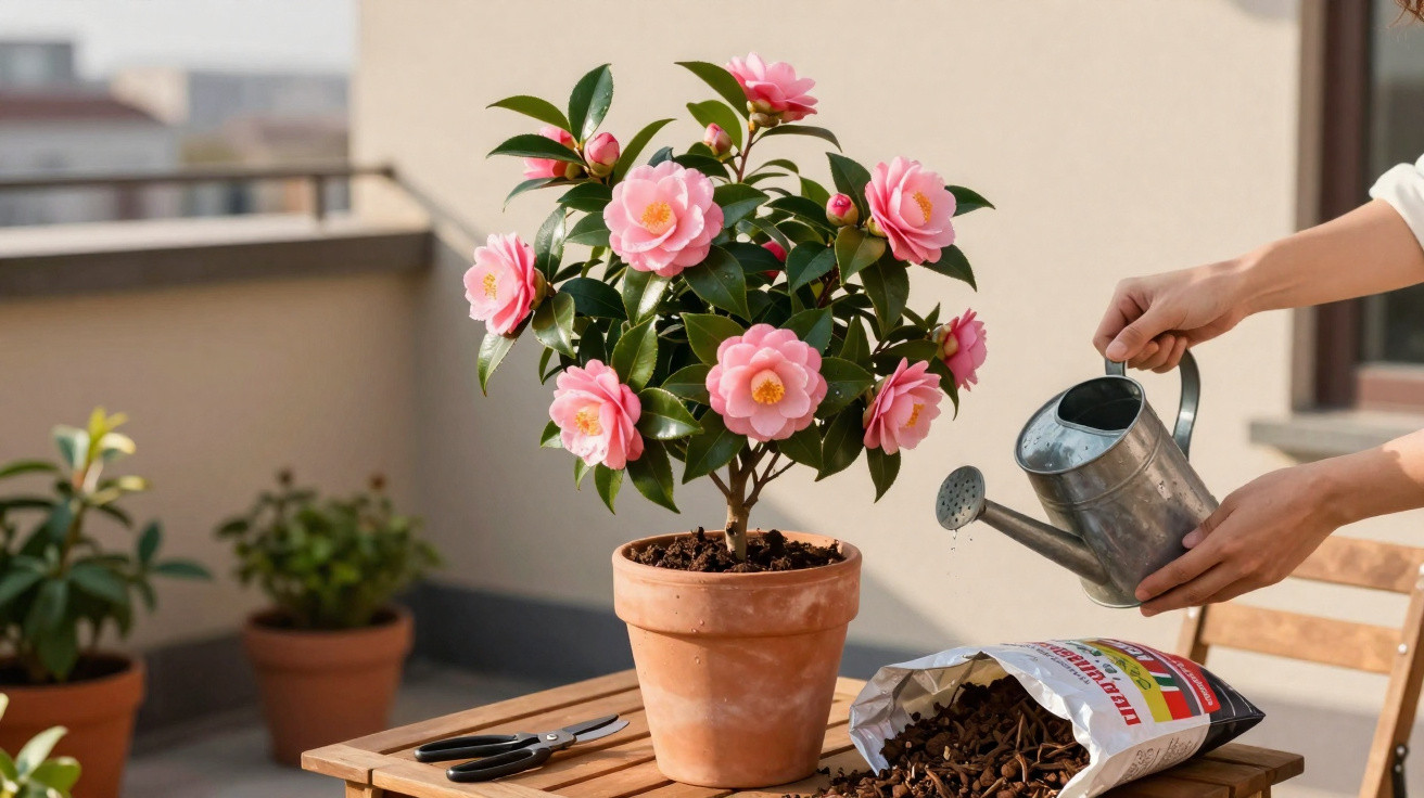 Blühender Kamelienstrauch in Terrakottatopf auf Holztisch, neben Gießkanne und Blumenerde auf Balkon.
