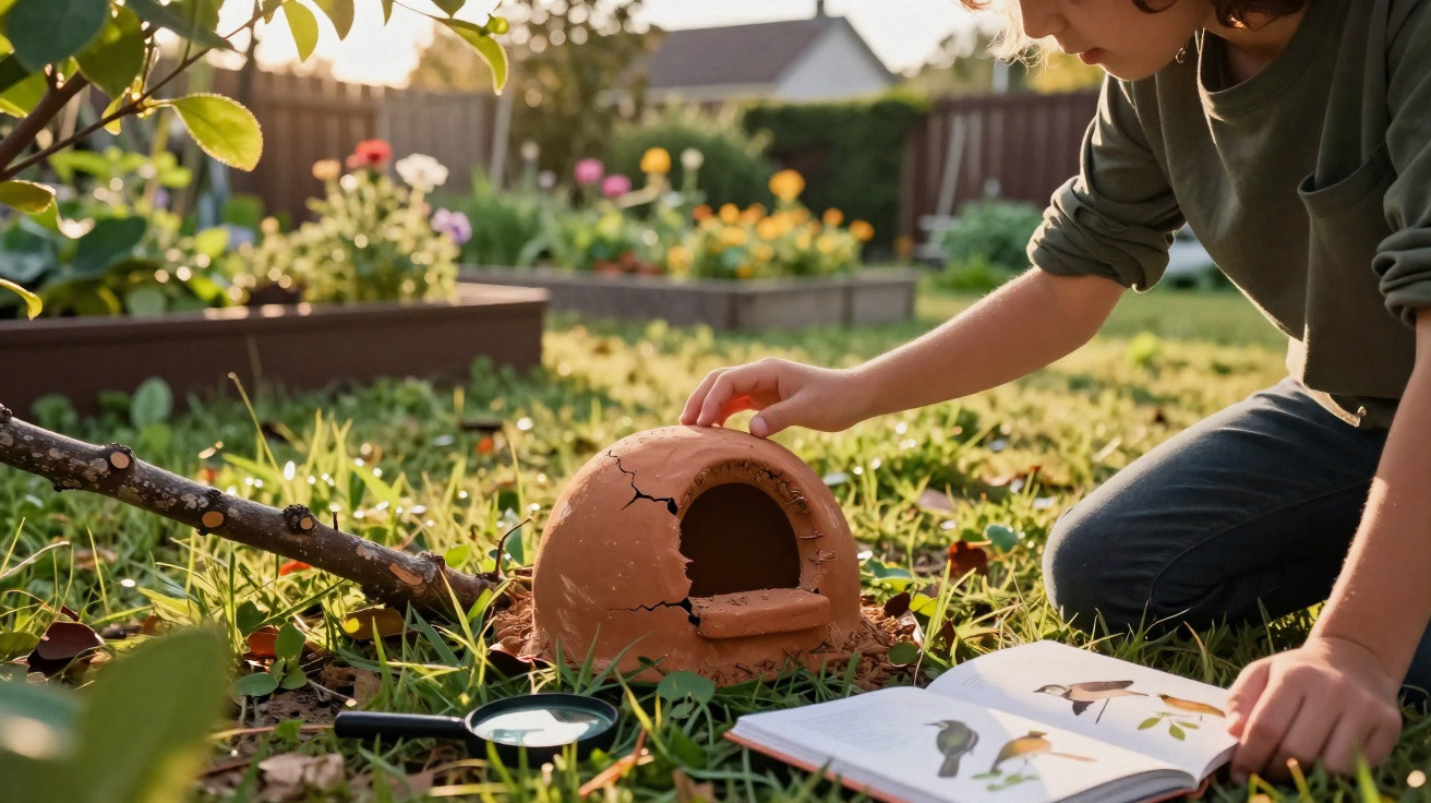 Kind untersucht mit Lupe und Vogelbuch ein kleines zerbrochenes Tonhäuschen im Garten bei Sonnenlicht.