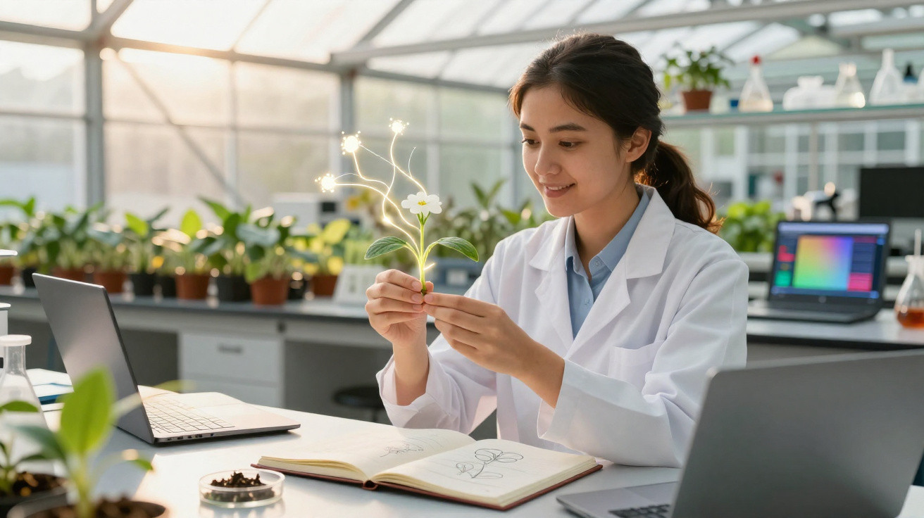 Junge Wissenschaftlerin im Labor hält eine leuchtende Pflanze mit digitalem Lichteffekt in den Händen.